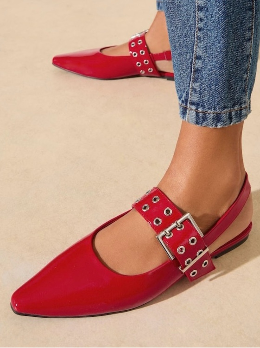 🆕{Steve Madden} Smokee Red Patent Pointed Slingback with Grommet Straps - Picture 4 of 16
